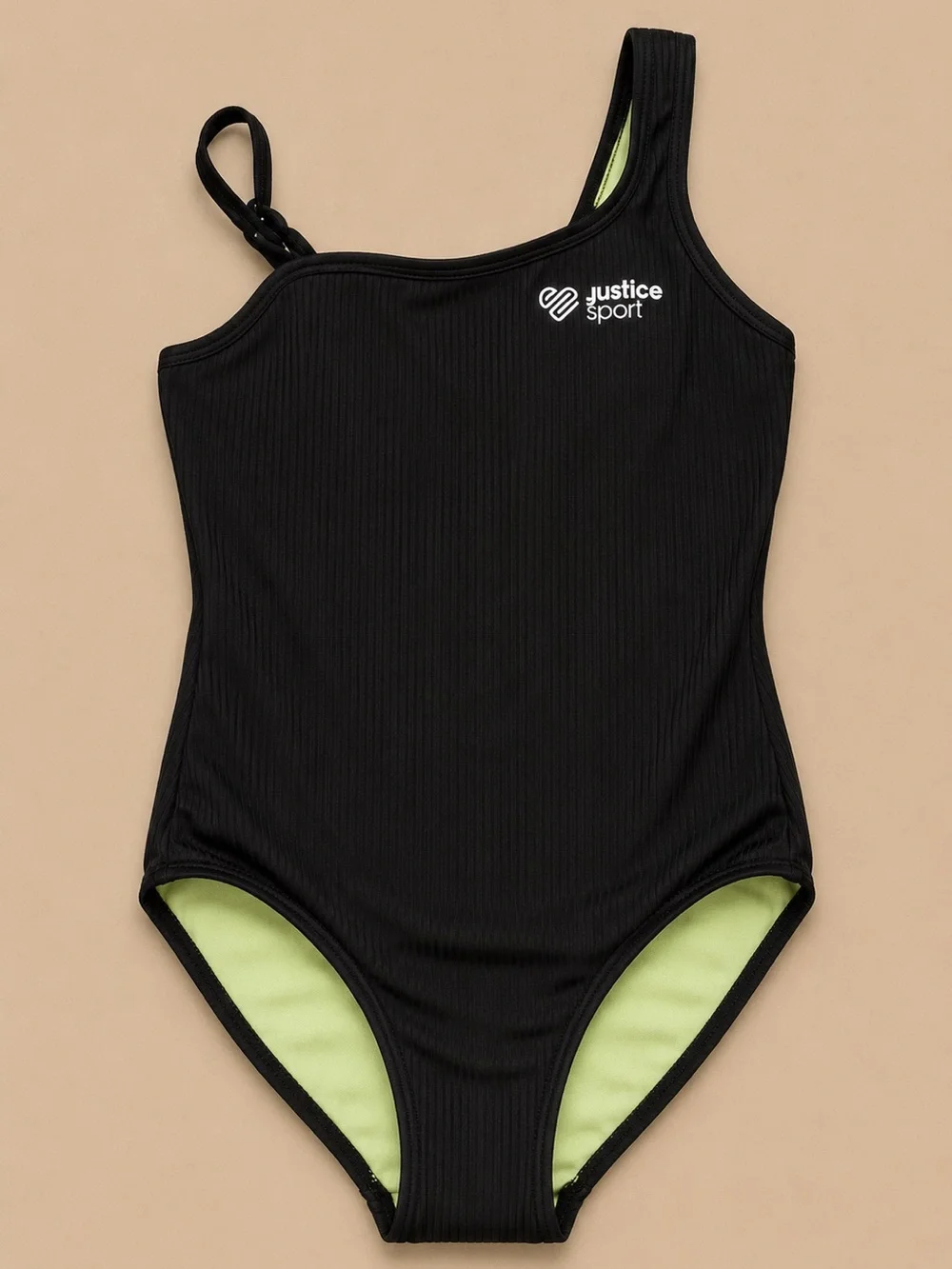 Justice Black One-Shoulder Girls' One-Piece Swimsuit with Lime-Green Lining